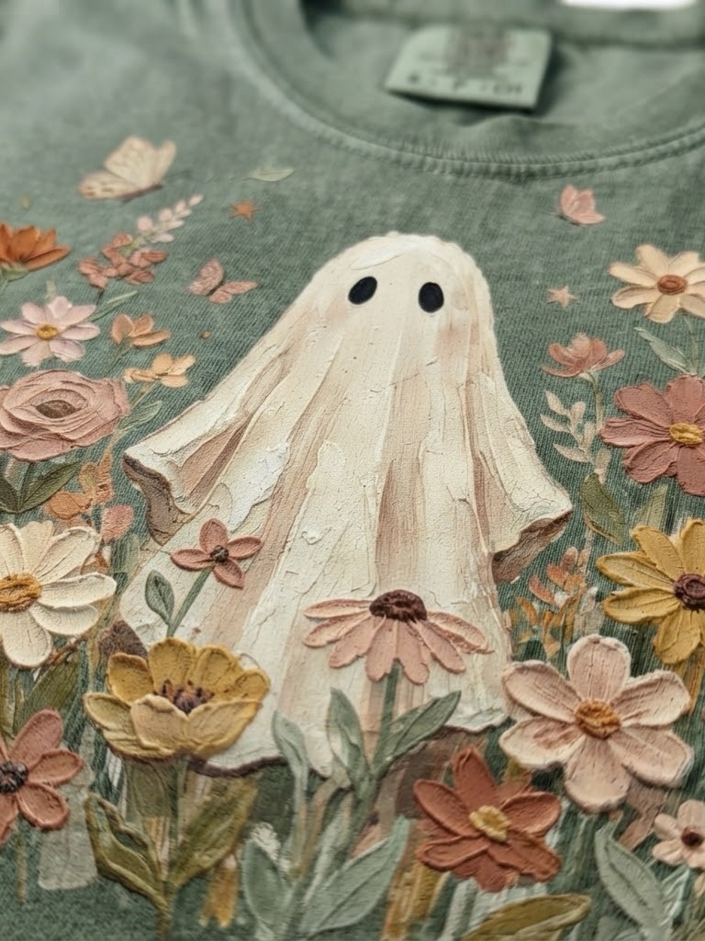 Comfort Colors Moss Green Ghost & Floral Short Sleeve Tee, Gift For Her, For Him - Picture 2 of 2